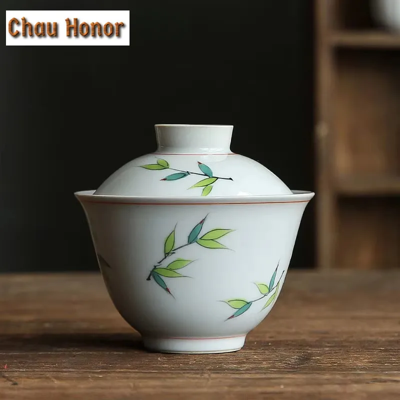 

150ml Japanese Underglaze Color Hand-painted Bamboo Painting Tea Bowl Ceramic Cover Bowl Kungfu Teaset Customized Gift Tea Maker