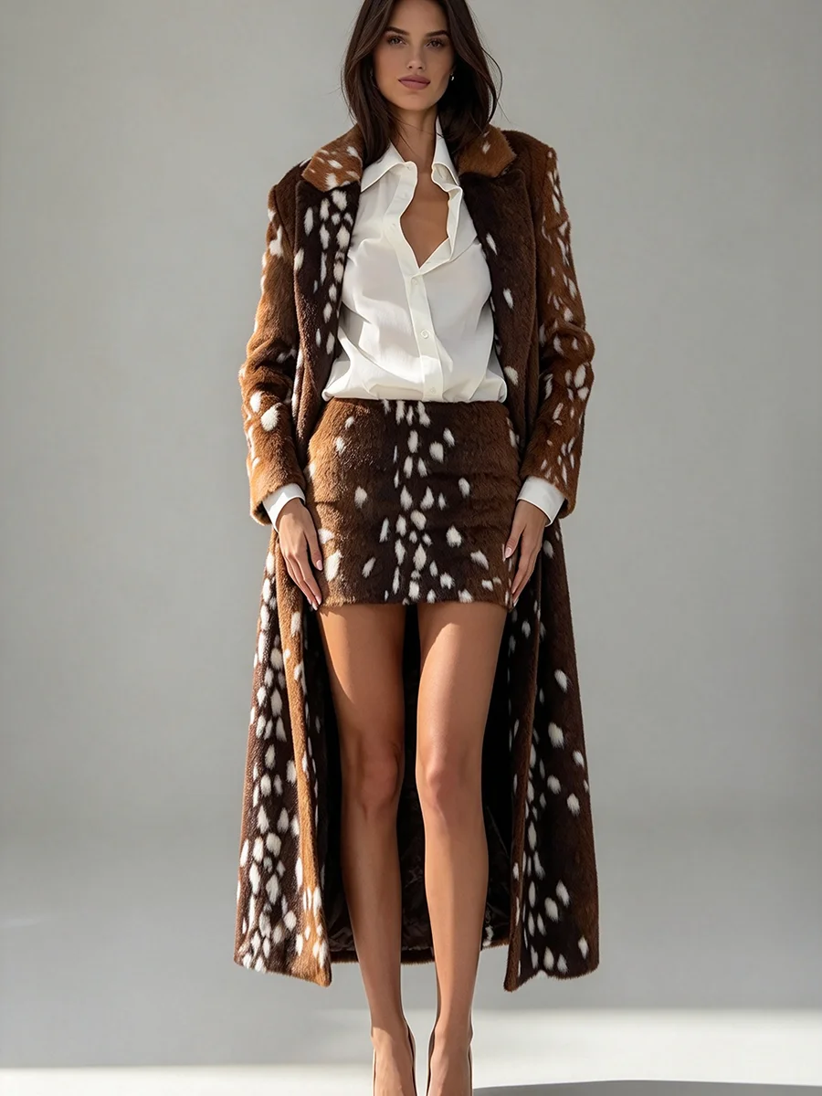 Women Deer Spot Faux Fur Long Coat Mini Skirt 2 Piece Set Winter Warm Outfit