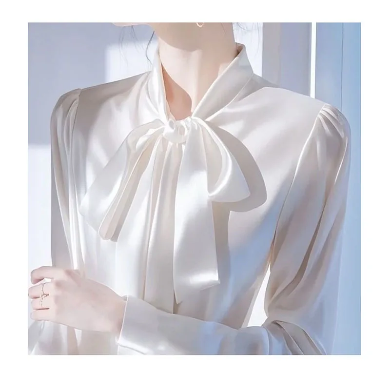 French Bow Tie Tied White Satin Shirt for Women in Early Spring 2025, New High-end Long Sleeved Professional Shirt