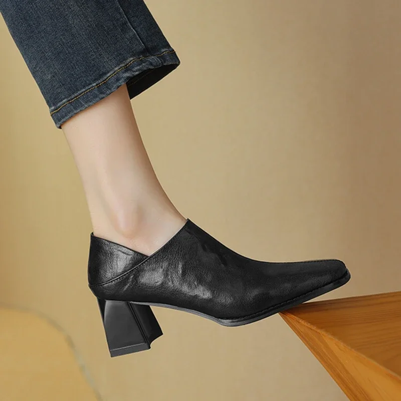 NEW Spring/Autumn Women Pumps Genuine Leather Shoes for Women Square Toe Chunky Heel Women Pumps Slip-on Shoes High Heel Shoes