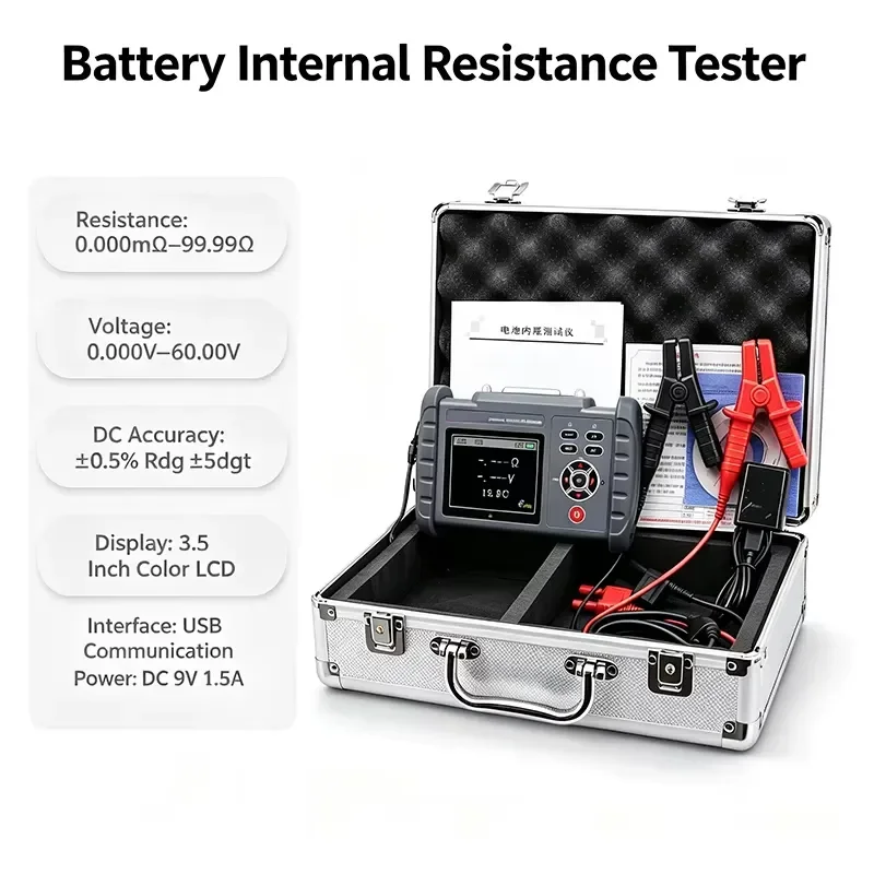 Battery Internal Resistance Tester AC 4 Terminal Method 0.000mΩ-3.1Ω DC Battery Voltage Temperature Tester With Bluetooth