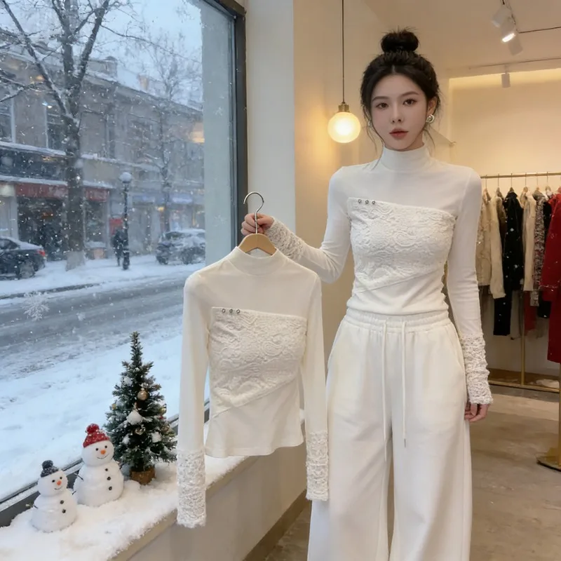 Elegant Women Autumn Winter Lace Spliced Mock Neck Top Warm Fleece Lined Slim Fit Pullover Undershirt