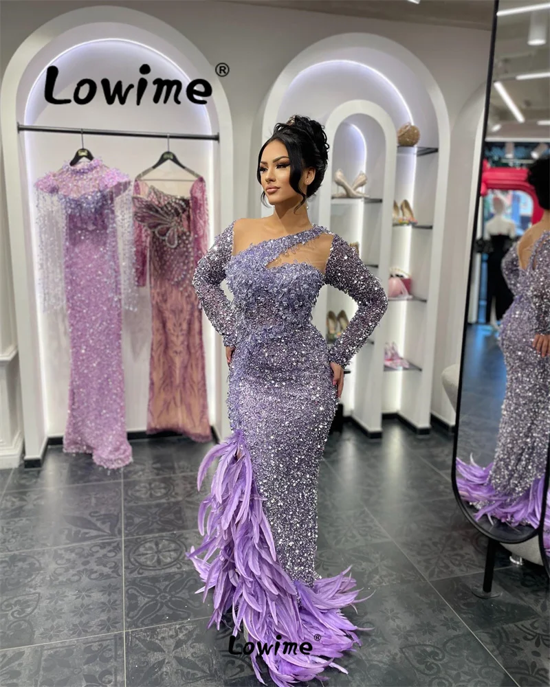 Feather Purple Prom Dresses Mermaid Arabic Party Second Reception Crystals Engagement Gowns For Wedding Women Evening Dress Robe