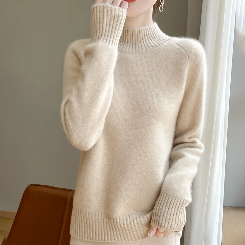 2025 Solid Color Net Surface Pure Wool Sweater Half-High Collar Long Sleeves Autumn and Winter Warm Women's Sweater Pullover