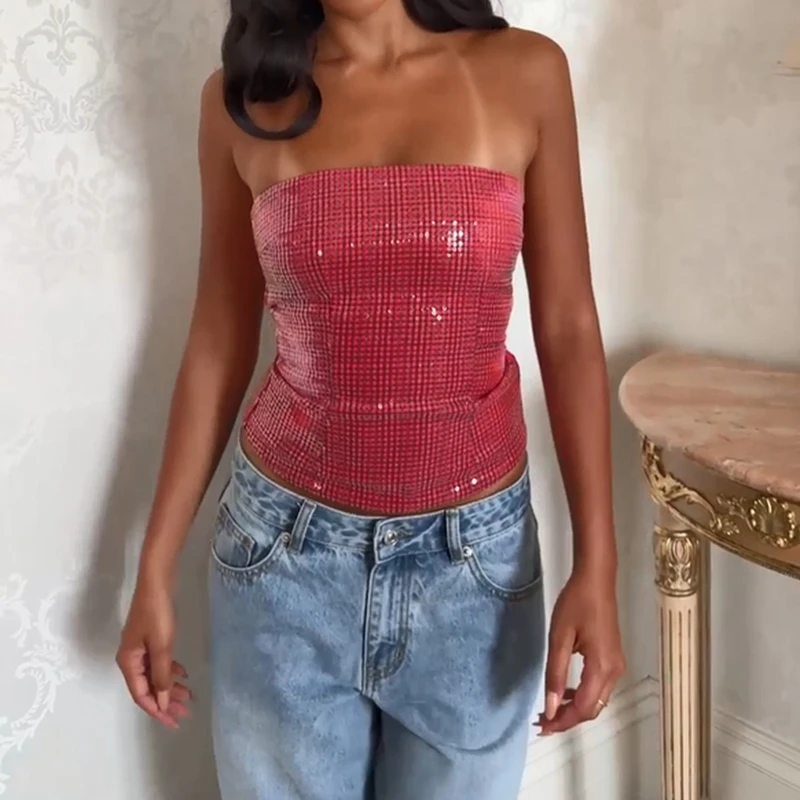 Women's Y2k Shiny Sequins Tube Top Summer Off Shoulder Sleeveless Shimmering Shirt Backless Slim Fit Bandeau for Party Clubwear