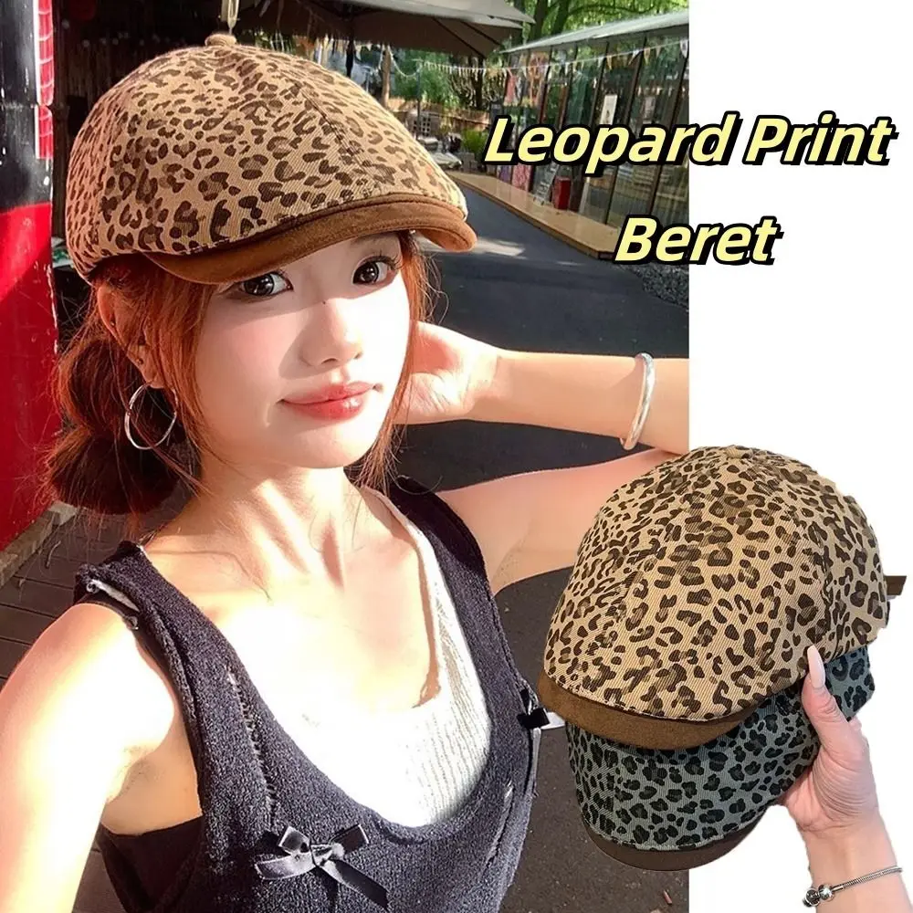 

Casual Vintage Leopard Print Beret Flat Classic Leopard Newsboy Cap Y2k Versatile Painter Cap Streetwear