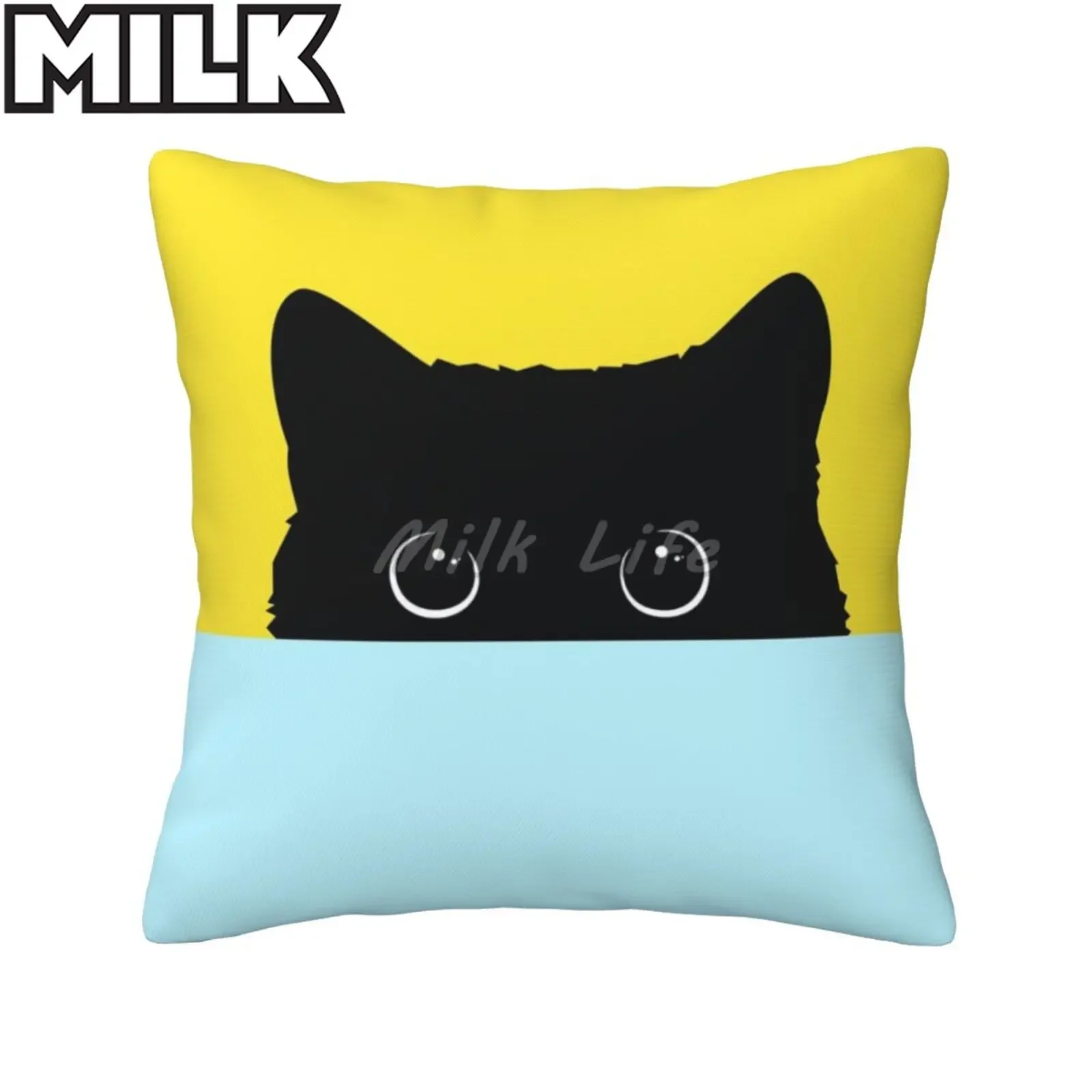 Spliced Yellow Light Blue Kawaii Black Cat  Pillowcase Bedroom Sofa Chair Waist Pillow Cover Home Room Car Party Cushion Cove