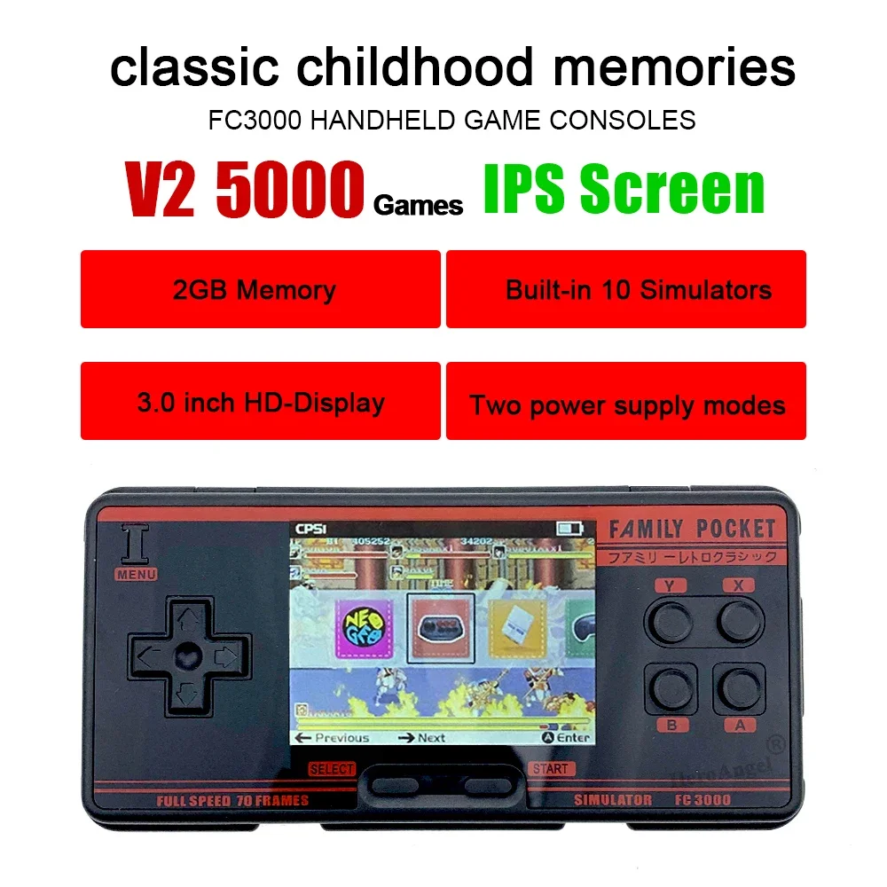 FC3000 V2 Classic Retro Handheld Game Console 5000 Games IPS Screen Mini Video Game Player For MAME Arcade Games 10 Simulators