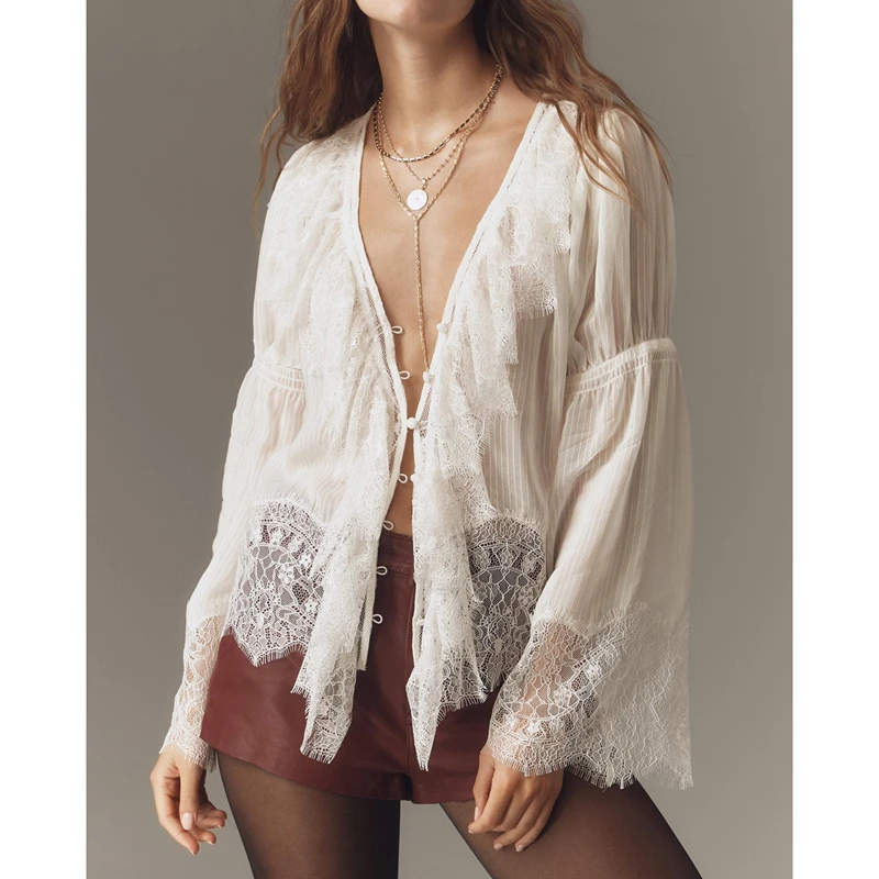 

Combhasaki женская шикарная элегантная полосатая лоскутная блузка с цветочной кружевной отделкой Y2k с рюшами и v-образным вырезом, пышные свободные топы на пуговицах с длинными рукавами