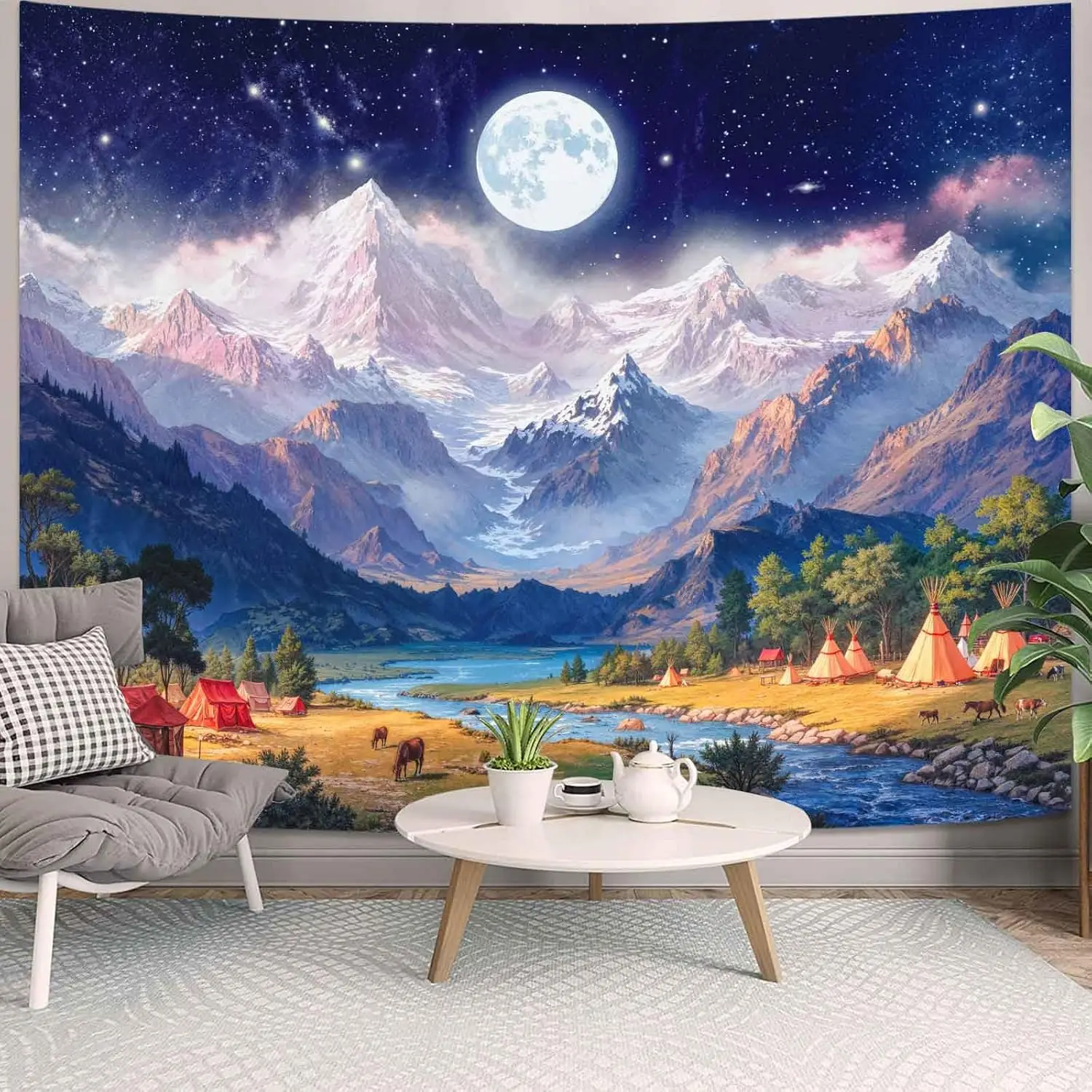 Celestial Full Moon Mountain Landscape Tapestry Wall Hanging Starry Night Cosmic Camping Home Decor Polyester Art