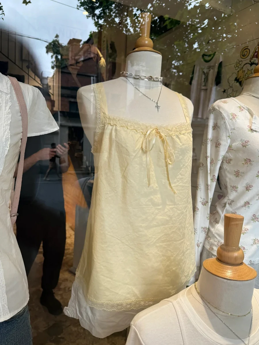 

Lace Trim Yellow Lace-up Camisole Women Summer New Cotton Sleeveless Bow Tank Tops Female Vintage Solid Simple Sweet Vests Y2k