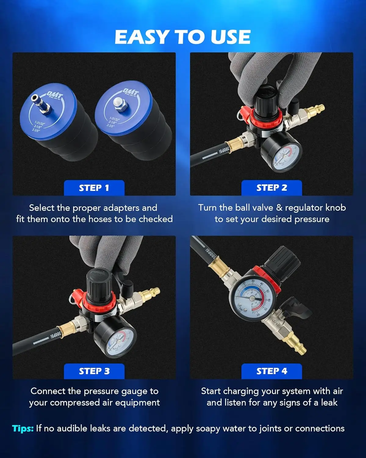 طقم اختبار تسرب توربو، 10 قطع مع 4 أزواج من المحولات المتدرجة 1-3/8 بوصة إلى 3-1/2 بوصة، لاختبار الضغط التوربيني