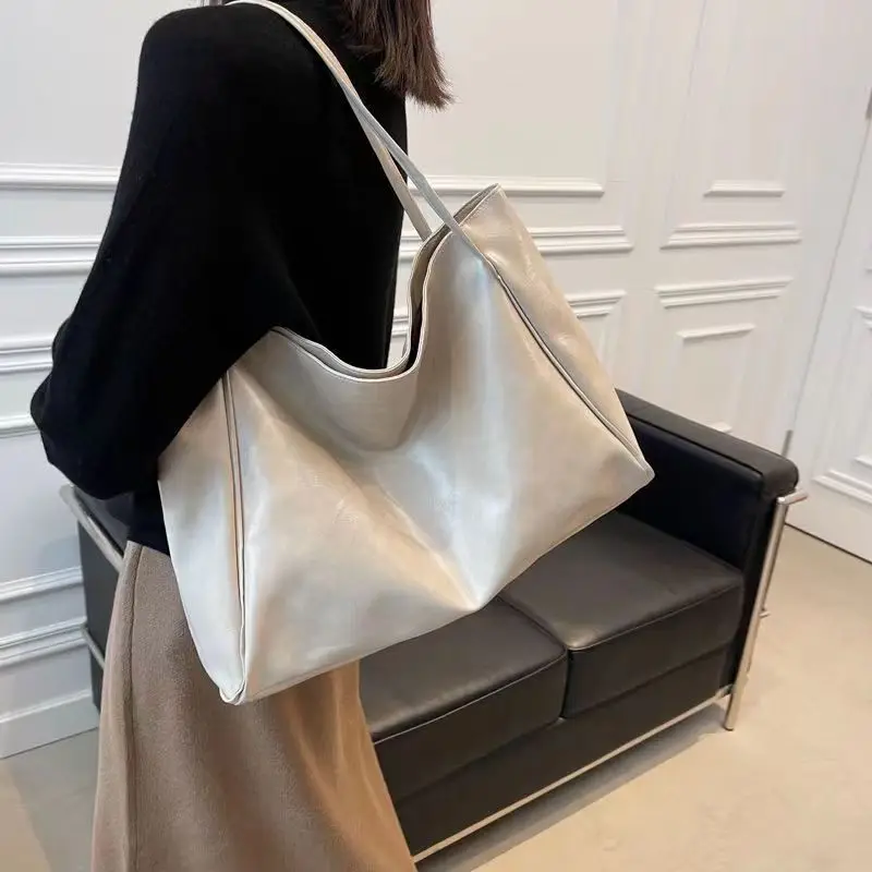 2023 Casual PU Leather Large Capacity Tote Bags for Women Fashion Solid Retro Color Zipper Female Shoulder Bag Ladies Handbag