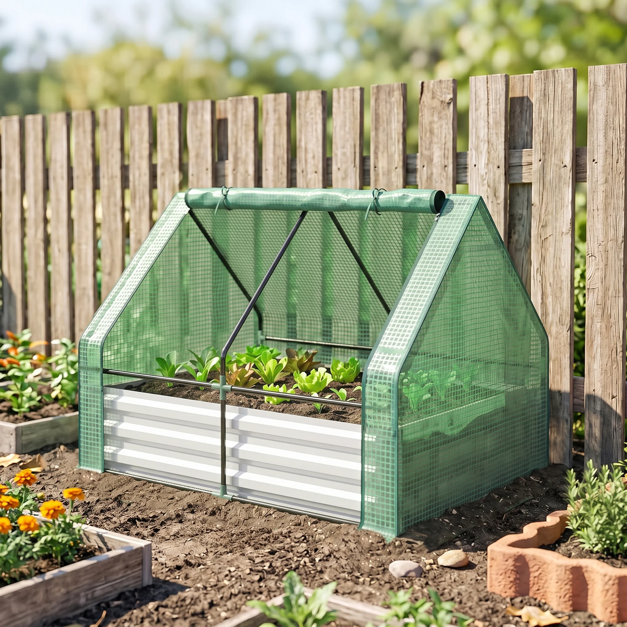 Steel Raised Garden Bed Planter Box Kit with Greenhouse, for Dual Use, Green