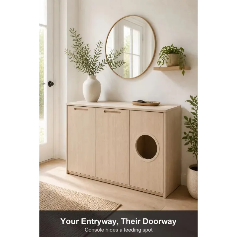 Wooden Entryway Sideboard with Pull-Out Tray and Side Opening for Cat Feeding, Narrow Cabinet, OEM