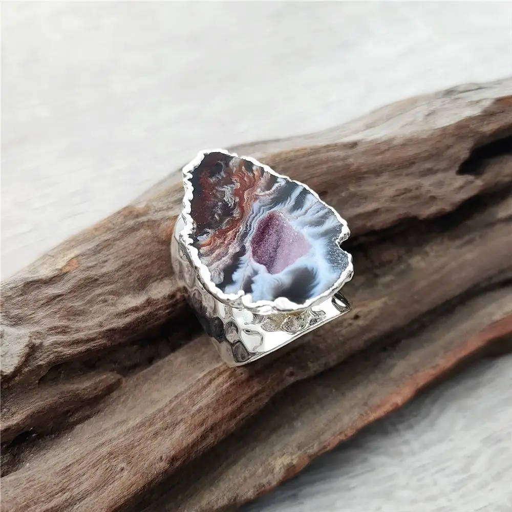 FUWO Natural Geode Agates Ring, Stunning Silver-Plated Design Druzy Jewelry,Unique Statement Piece (RG028)