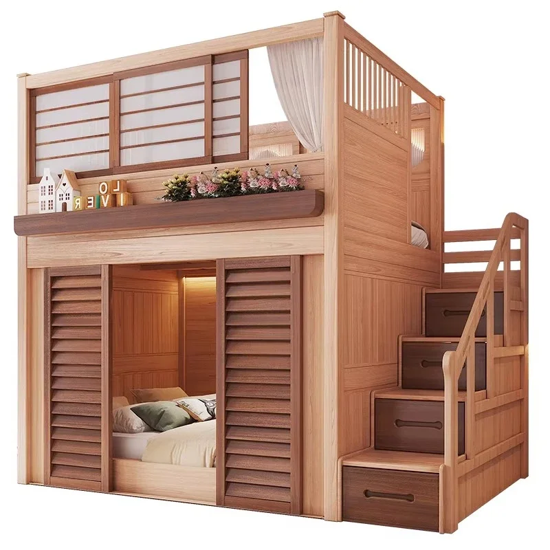 Small apartment with upper and lower partition integrated bed partition bed with sliding door double 2 meters bunk bed