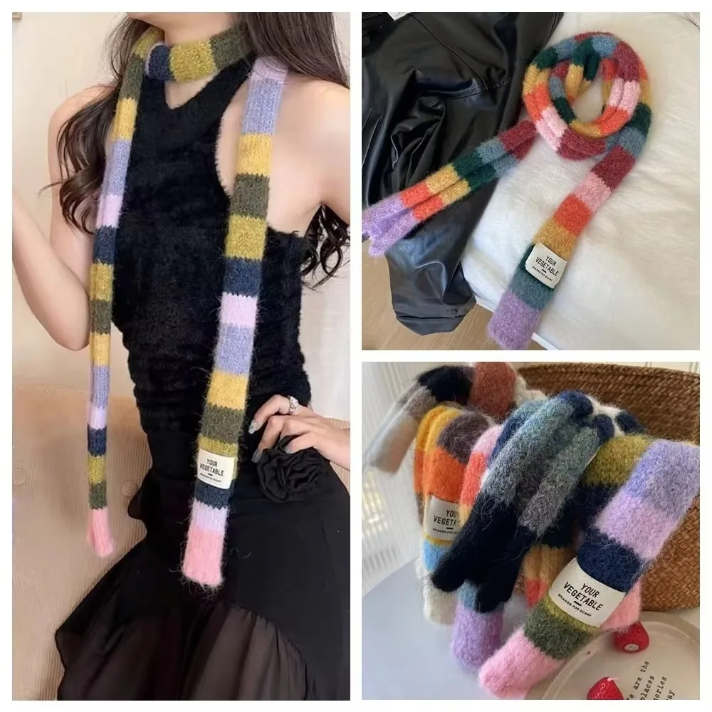 Y2K Striped Scarf Knitted Wool With Warm Color Splicing Contrast Long Narrow Scarves Rainbow Color Scarf Winter