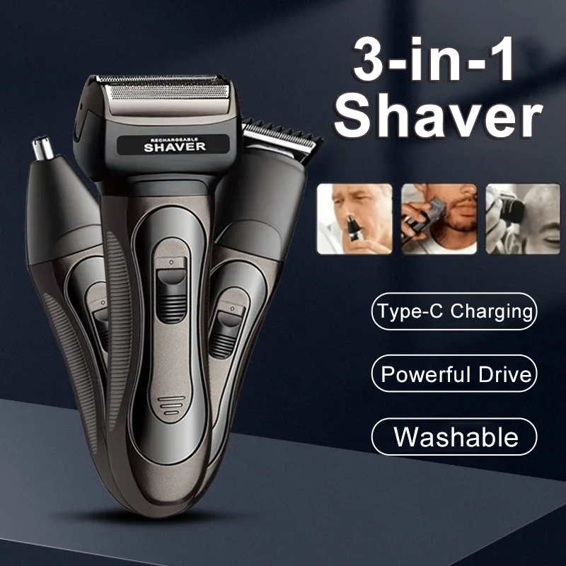 

3-in-1 Multifunctional Shaver With Detachable Nose Hair Remover Washable USB Rechargeable Professional Electric Haircut Shaver