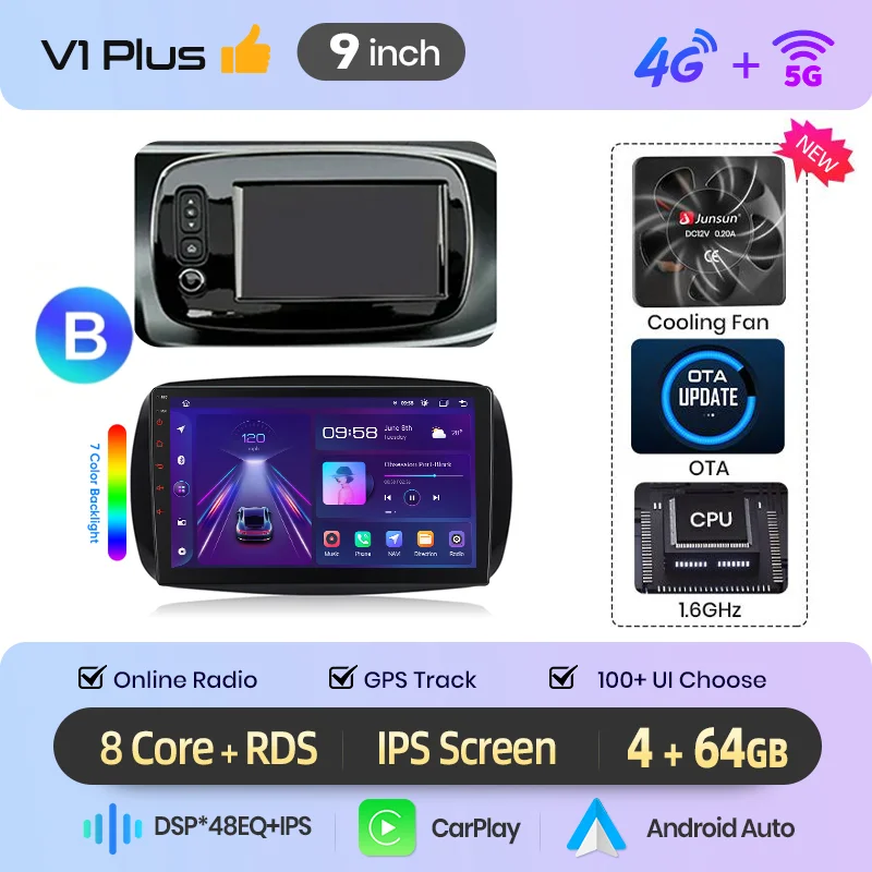 Junsun Android Auto Autoradio für Mercedes Benz Smart 453 Fortwo 2014 2015 2016-2020 Multimedia Wireless Apple CarPlay Intelligente Systeme IPS Touchscreen Stereo Videoplayer 2 Din Autoradio Head Unit