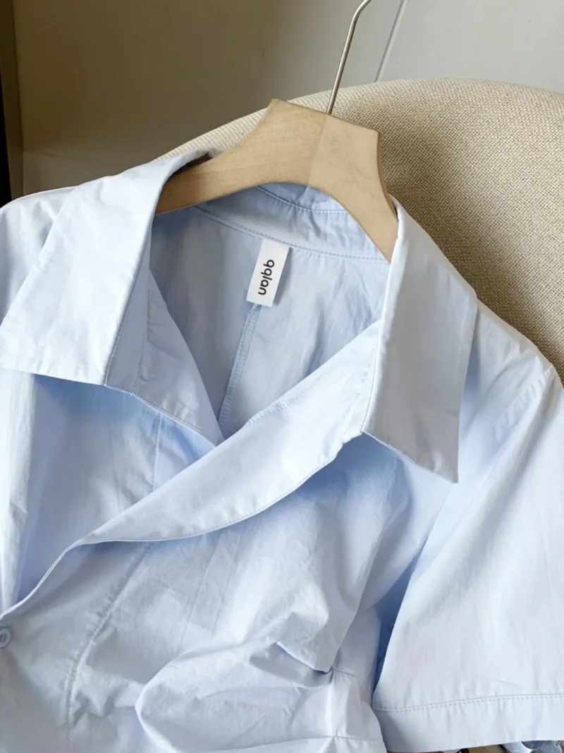 Blue Lapel Women's Shirt Fashion Korean Slant Button Design Shirt Top Summer Short Sleeve Irregular Cardigan Blouses