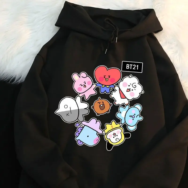 Kawaii أنيمي جديد Bt21 تاتا شيمي كوكي مقنعين البلوز Y2K الخريف والشتاء موضة تنوعا بلايز زوجين قمصان الهدايا