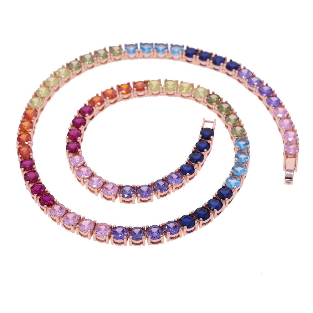 Iced Out Clustered Tennis Chain Necklace Hip Hop Rainbow Cubic Zirconia Silver Color Fashion Rock Women Jewelry