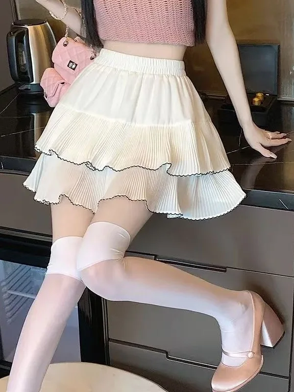 Sweet Lace Trim Pleated Skirt Women's High Waist A-Line Cake Skirt Stylish Youthful Fluffy Short Skirt Summer Design