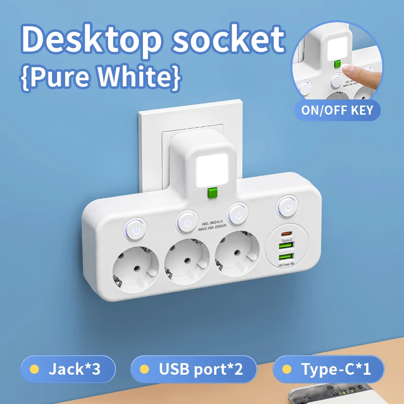 EU-stekker en stopcontact 4 stopcontacten, multi-stekker stopcontact en stopcontact zonder verlengkabel of USB- en Type-C-poort