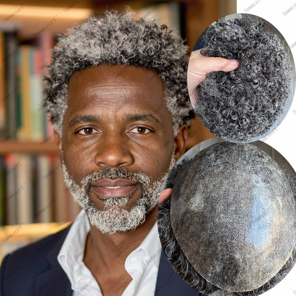 

8 мм афро-кудрявый парик-накладка из натуральных человеческих волос для мужчин, на прочной полиуретановой основе, для маскировки выпадения волос, цвета 1b20, 1b40, 1b50, солено-перловый, кудрявый, система замещения волос