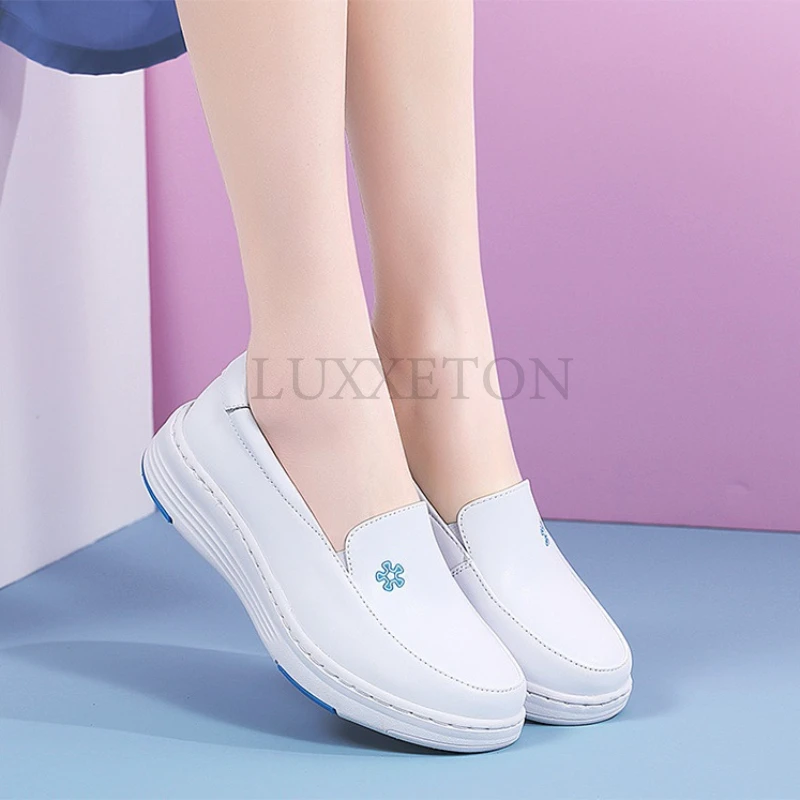 Women Flat Leather Nurse Shoes Casual White Wedge Soft Sole Slip on Moccasin Comfortable Hollow Work Shoe