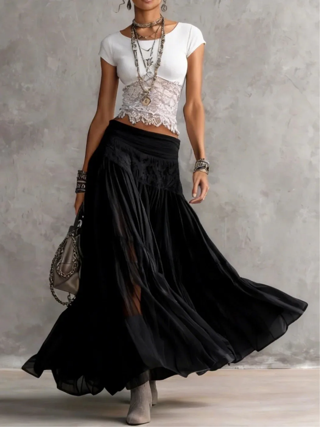 2026 Gray Knitted Top + Chiffon Dress Set Women's Fashion Elegant Two-piece Set Skirts Sets Outfits Big Swing Skirts Y2K view 5