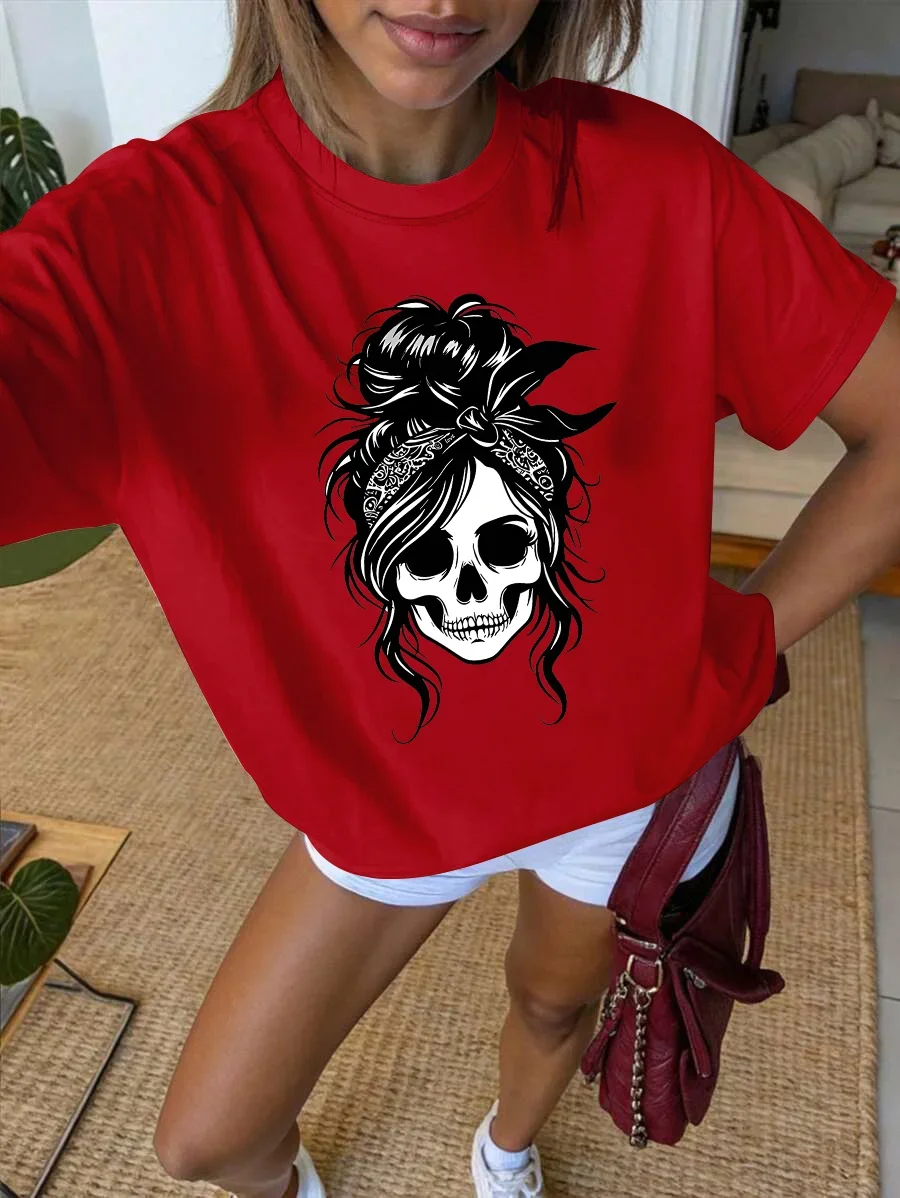 2026 Women Y2K Gothic Messy Bun Bandana Skull 3D Print T-shirt Halloween Graphic Tee Retro Streetwear Summer Tops