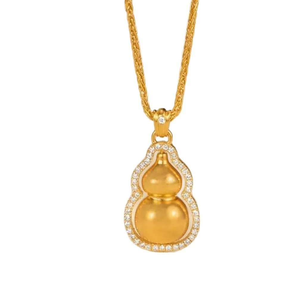 

Gold Diamond Inlaid Rotating Gourd Pendant Necklace for Women Light Luxury Niche High-End Clavicle Chain Braided Rope Fashion