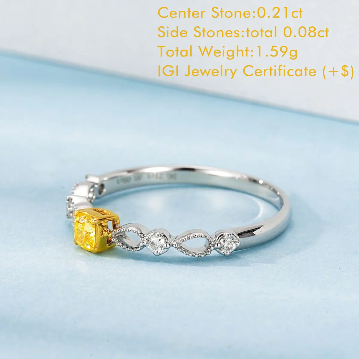 Sidestone Ring In 18K White Gold Fancy Yellow Cushion Natural Diamond Ring Milgrain Openwork Scroll Shank Diamond Ring For Gift