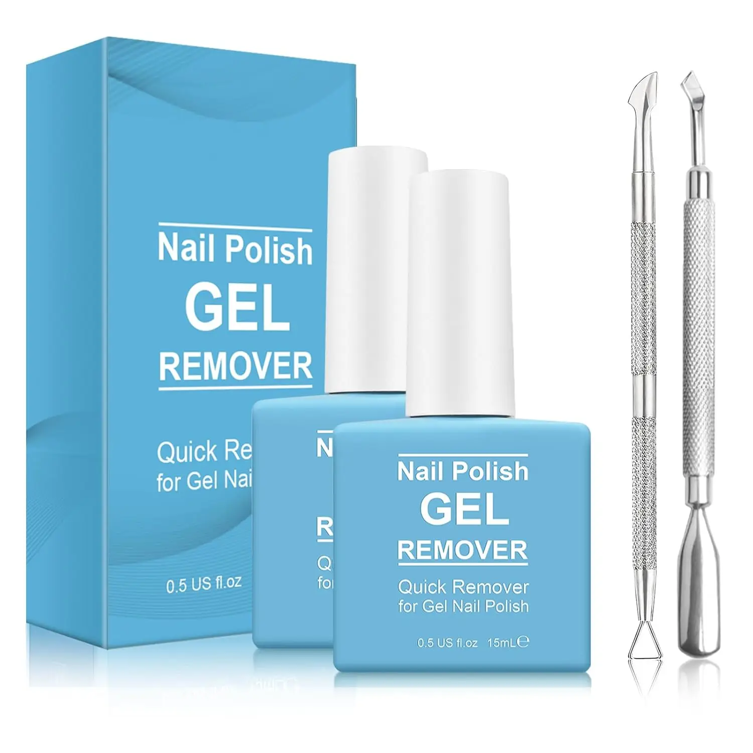 

2 Pack Gel Nail Polish Remover, Quick Soak-Off in 2-5 Minutes - Safe, No Foil Needed with Cuticle Pusher & Scraper