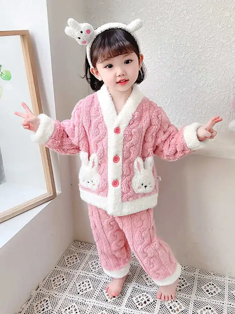 Autumn Winter Children Sleepwear Baby Pajamas Set Thick Flannel Fleece Child Sleepwear 2Pcs Sets Warm Home Suits Kids Clothes