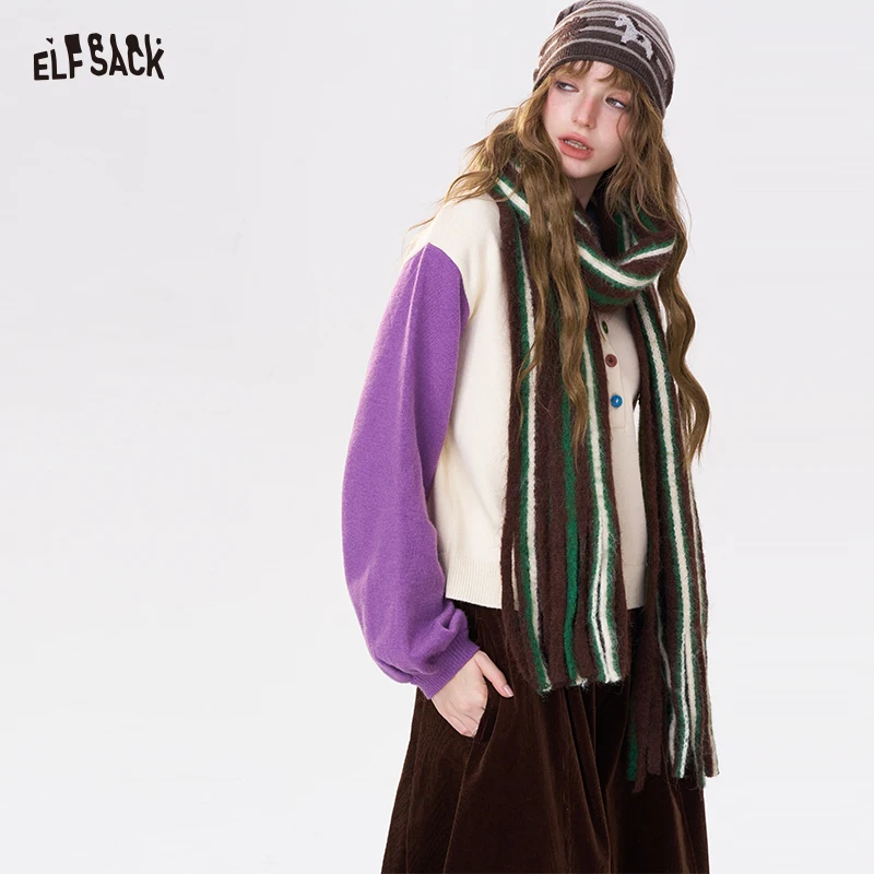 

ELFSACK Casual Color Block Striped Fringe Warm Scarf For Women