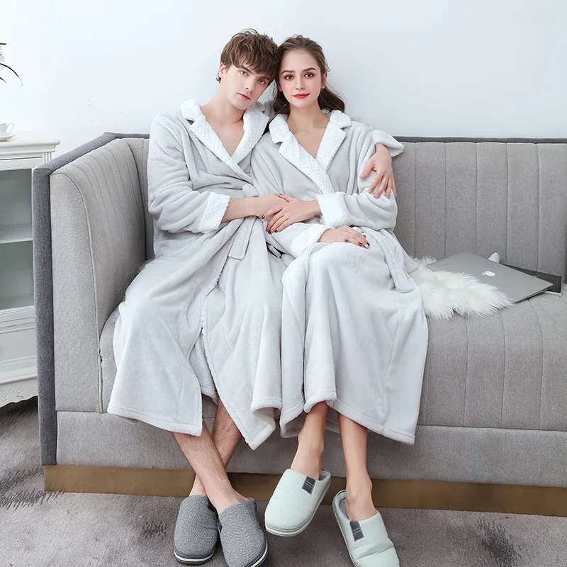 Couple Coral Fleece Sleepwear Men Women Robe 3XL Autumn Winter Long Sleeved Lace Up Nightwear Home Wear Thick Flannel Bathrobes