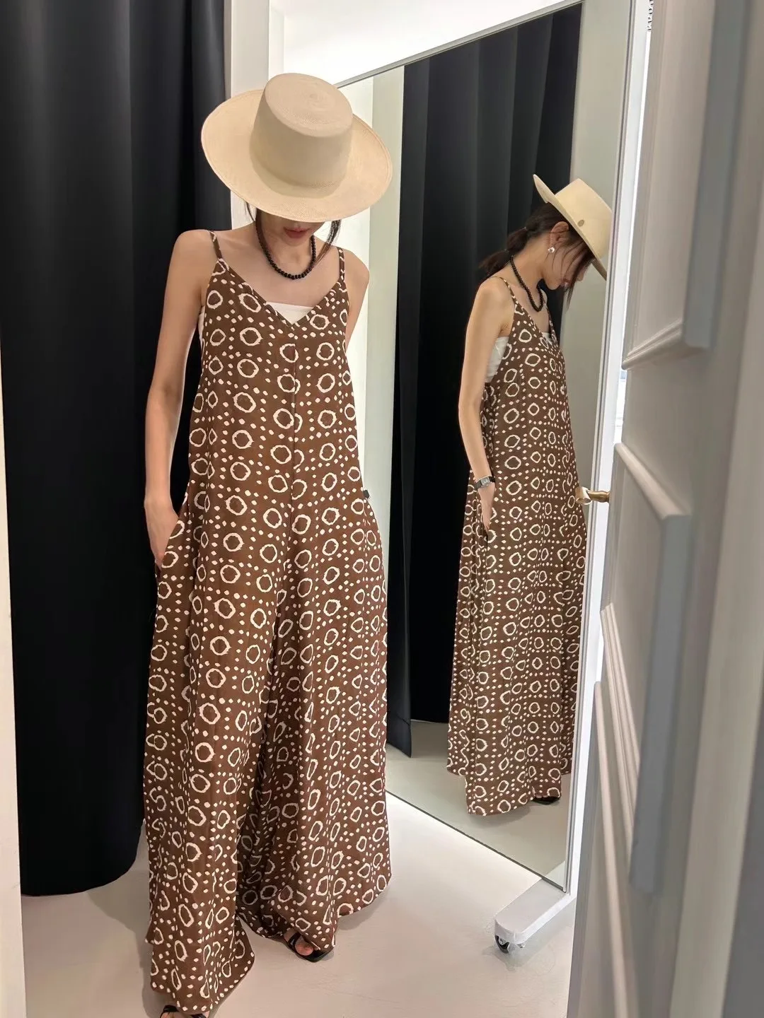 

Retro Ethnic Geometric Print Loose Wide Leg Pants Strap Long Pants with Tube Top Chic Summer Outfit for Women