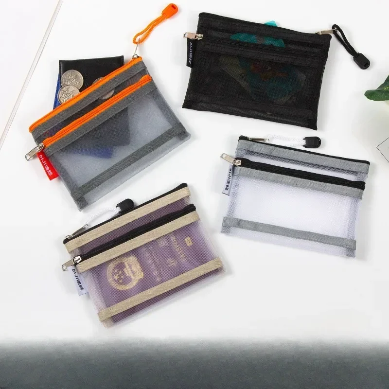 Borsa porta carte in rete a doppio strato Borsa trasparente per passaporto, carta d'identità, patente di guida, documenti, custodia con cerniera per carte bancarie, portaoggetti da viaggio