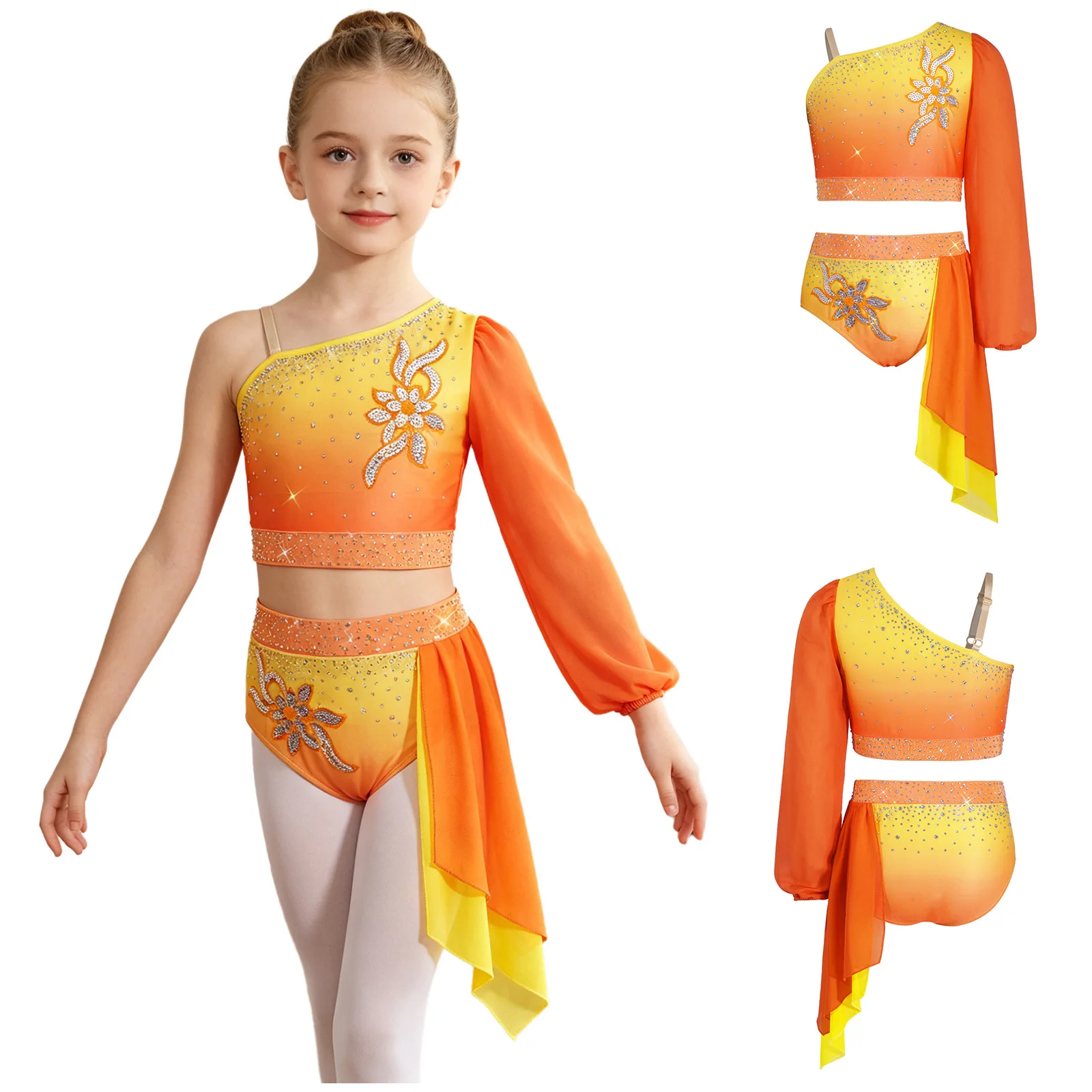 Kids Girls Modern Lyrical Dance Outfit Rhinestone Sequin Crop Top with Briefs Skirt Skating Gymnastics Ballet Acrobatics Costume