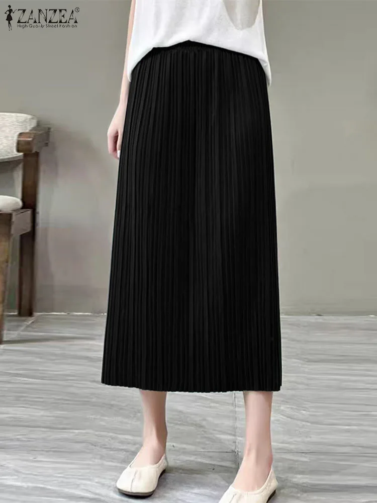 

ZANZEA Casual Loose Pleated Midi Skirts Women Elegant Long Skirt Saias Fashion Mid Waist Jupes 2024 Summer Office Solid Faldas