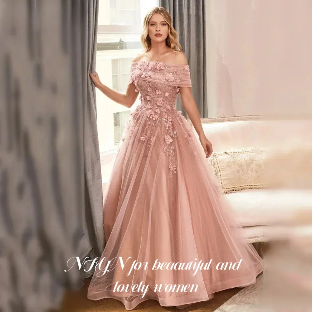 

NFYN Pink Sexy Formal Gown Net Off the Shoulder Woman Evening Dress Pleats Flowers Backless Celebrity Dress for Woman Customized