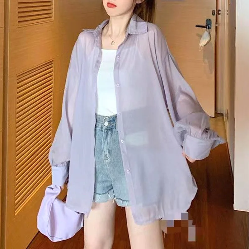 

Women's Clothing Korean Style Purple Long Sleeve Shirt Sun Protection Lightweight Chiffon Blouse Summer Cover Up New