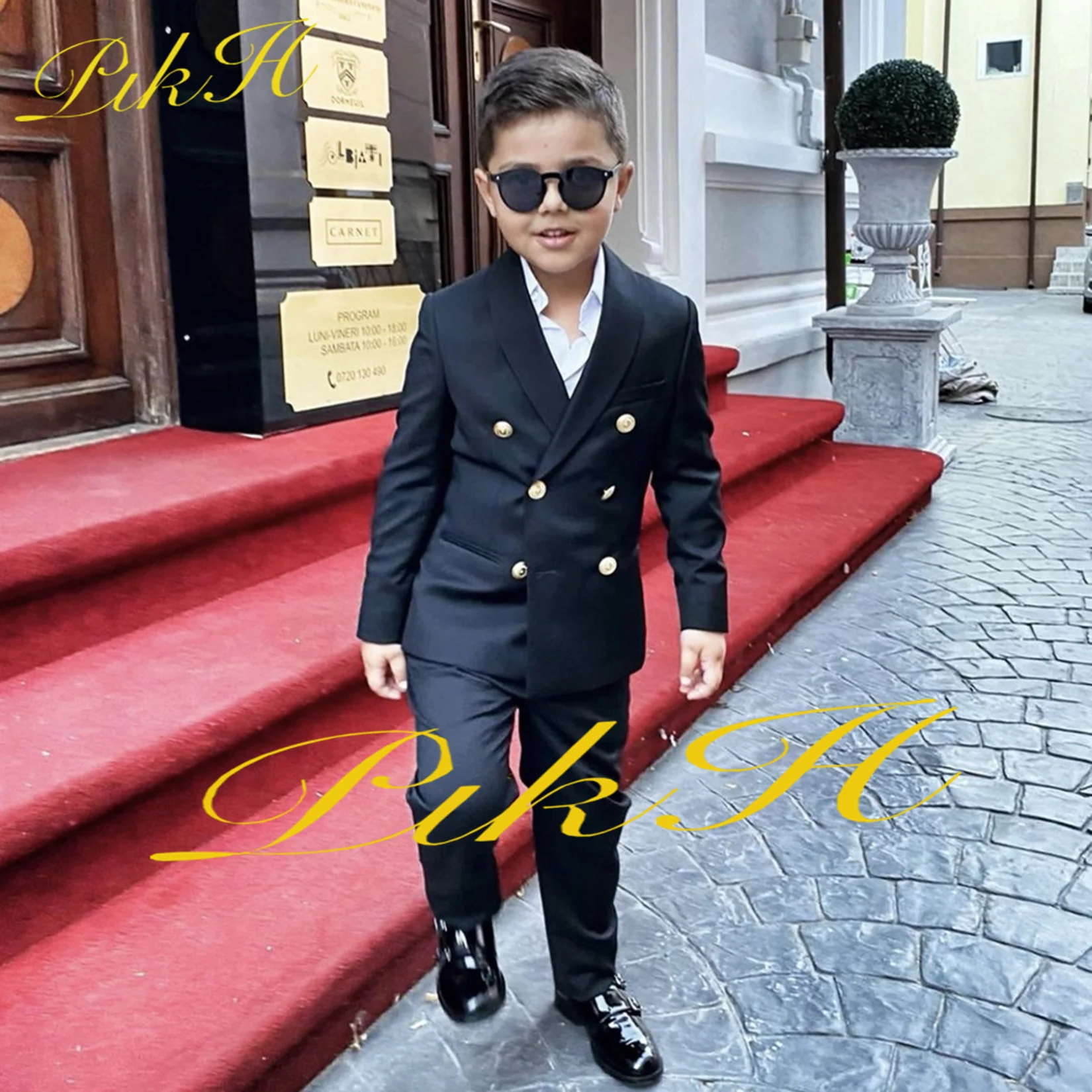 Boys Suit Double Breasted Blazer Set 2 Piece Kids Jacket Pants Wedding Tuxedo Metal Button Fashion Complete Outfit