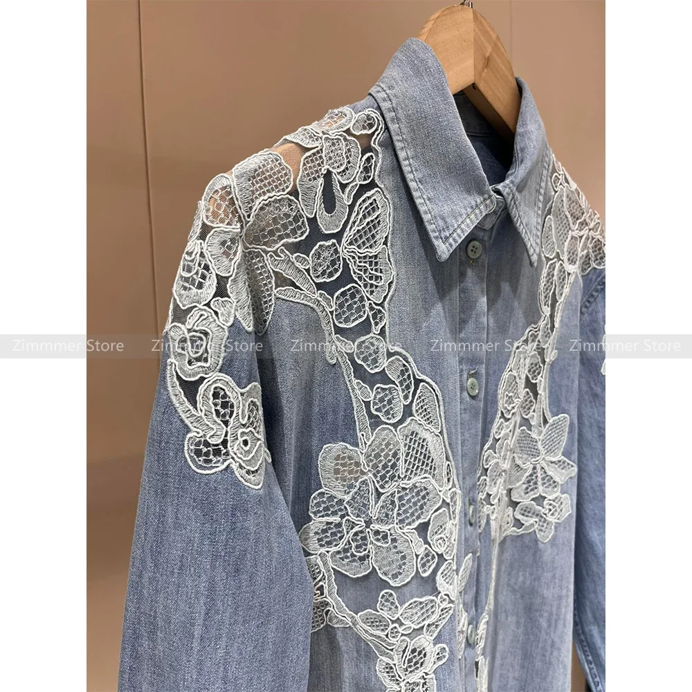 Fashion Women\'s 24 Early Autumn New Denim Blue Lace Splicing Washed Loose Long Sleeve Shirt Top Women