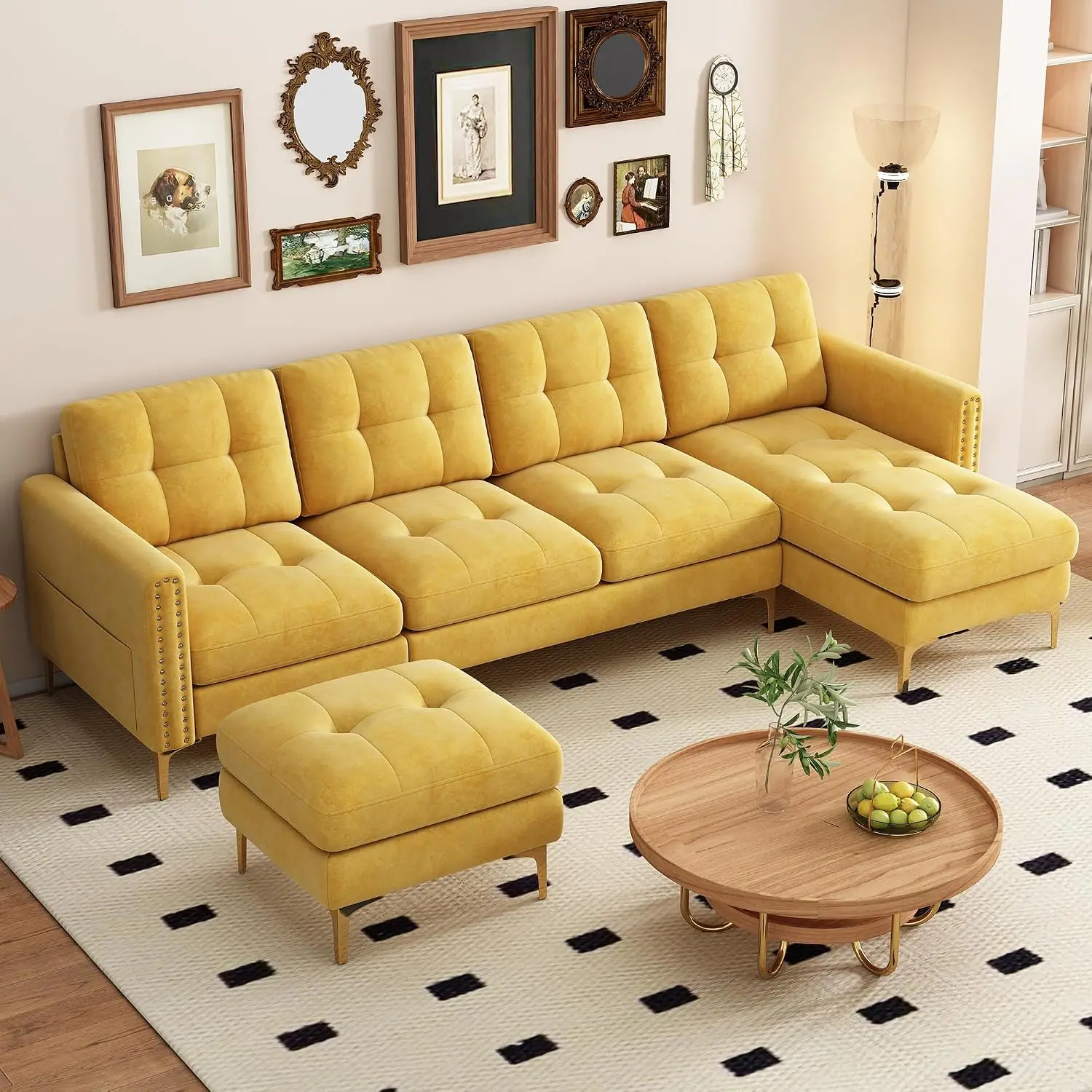 Velvet U-Shaped Sectional Sofa with Chaise & Movable Ottoman, Convertible Couch for Living Room, Customized