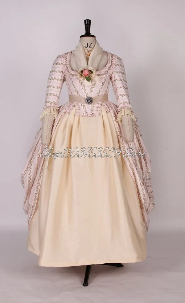 Victorian Vintage Pink Prom Dress Renaissance Aristocratic Women Half Sleeve Lace Appliques Ruffles Rococo Halloween Ball Gown