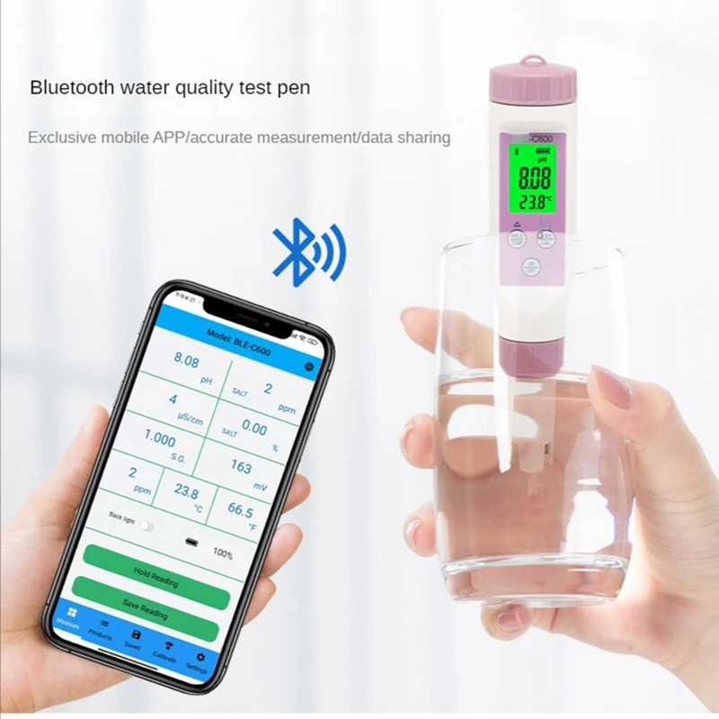 Bluetooth C600 Seven-In-One Ph/Tds/Ec/Temperature/Salinity/Orp Seawater Specific Gravity Water Quality Pen ABS PH Tds Meter